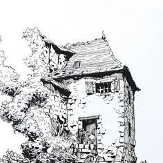 a drawing of an old stone house in the woods