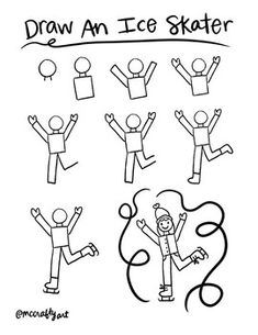 the drawing shows how to draw an ice skater with different poses and gestures for each individual