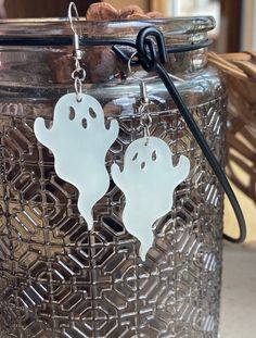 Feeling spooky? These earrings are just for you! Adorable little ghosts made from glow in the dark acrylic. Nickel-free metal. Spooky Dangle Earrings For Gift, Halloween Themed Silver Earrings, Polymer Ghost Earrings, Cute Ghost Earrings, Spooky Jewelry, Dark Ghost, Ghost Earrings, Three Rivers, In The Dark