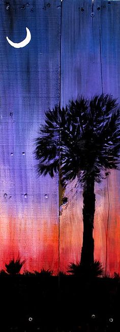 a painting of a palm tree with the moon in the sky