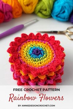 crochet pattern for rainbow flowers with text overlay that says free crochet pattern