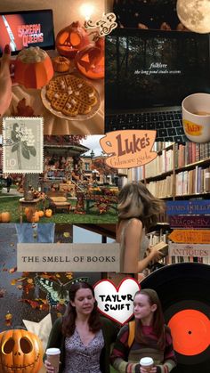 collage of photos with pumpkins, books, and other things in the background