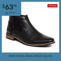 Comfortable with lots of flex, the Argos is the kind of chelsea boot that just goes with everything. Classy but also a little bit rock 'n' roll, this pair made from shiny simulated leather looks great with jeans or formal wear. Did you catch the contrasting blue outsole? It's so easy to wear and slip on, with large elastic gore panels on either side and cushioned memory foam insole. MODERN CHELSEA BOOT LOOK: Contrast stitching and blue outsole make for a fresh twist on a classicCUSHIONED MEMORY… Black Chelsea Boots With Medium Width And Round Toe, Leather Chelsea Boots With Snip Toe Medium Width, Medium Width Leather Chelsea Boots With Snip Toe, Luxury Semi-formal Men's Chelsea Boots, Black Suade Chelsea Boots Men, Heeled Chelsea Boots, Deer Stags, Black Chelsea Boots, Contrast Stitch