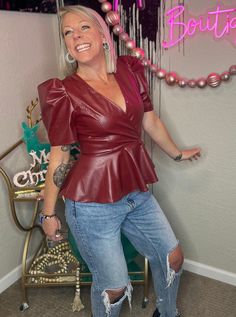 Faux Leather Tops For Party In Fall, Faux Leather Tops For Fall Party, Elegant Faux Leather Top For Party, Faux Wrap Top For Night Out In Fall, Fall Party Top With Surplice Neckline, Party V-neck Faux Wrap Tops, Feminine Silhouette, Peplum Blouse, Satin Blouse