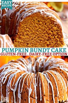 a pumpkin bundt cake with white icing on top and the words gluten - free, dairy - free option