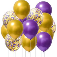 purple and gold balloons with confetti on them