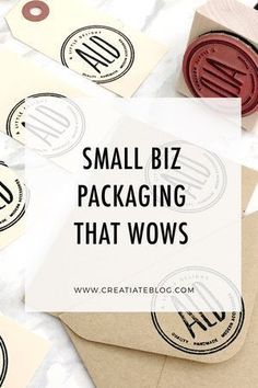 stamps with the words small biz packaging that wows on them and some type of stamp