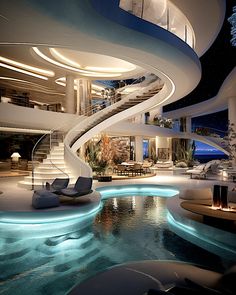 the interior of a modern house with an indoor swimming pool and spiral staircase leading up to it