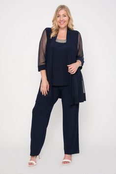 Look chic and fabulous in this beautiful plus size pant suit. The fashionable suit features a jacket with shear, 3/4 length sleeves, elegant slacks, and a beautiful blouse with a beaded neckline. Always classic, this pant suit will give you endless style and sophistication. Perfect for formal, evening party, church and other special occasion. Available in Regular Size and Petite Size Fabric : Poly Spandex Length : 51 inches Sleeve Style : Sleeveless Colors : Black, Royal Blue, Plum, Navy, Charco Plus Size Outfits For Summer, Plus Size Pant Suits, Formal Pant Suits, Red Formal Dresses, Plus Size Sequin Dresses, Formal Pant, Modest Formal Dresses, Plus Size Black Dresses, Colorful Dresses Formal