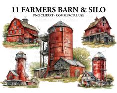 an image of farm buildings and silos with the words, 11 farmers barn & silo