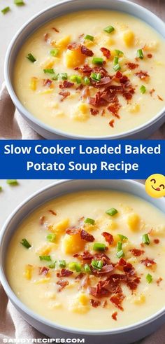 two bowls of potato soup with bacon and green onions