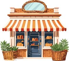 an illustration of a store front with potted plants and a mirror on the door