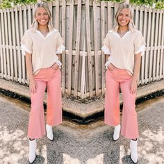 Model is wearing wide leg cropped denim jeans in pink. Model has it paired with white booties and a cream sweater top on top of a white blouse. Giddy Up Glamour, Leg Belt, A Button, Cropped Denim, Graphic Tee, Denim Jeans, Care Instructions, Wide Leg, Graphic Tees