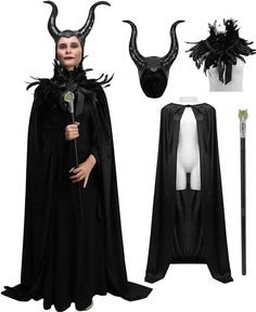 the maleficent costume is black and has horns on his head, cape, and cloak