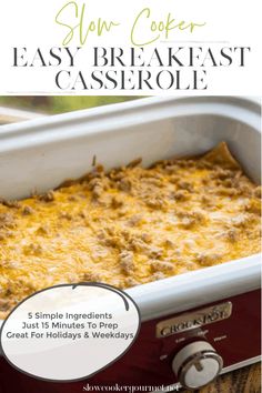 an easy breakfast casserole recipe in the slow cooker with text overlay