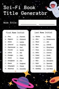 the sci - fi book title generator is shown with space and stars in the background