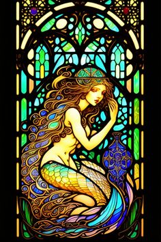 a stained glass window with a mermaid sitting on it