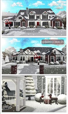 two different views of a large house in the snow with trees and sleighs