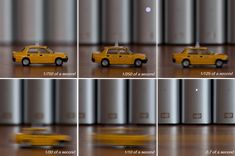 four different shots of a yellow taxi cab in motion, from the front to the back