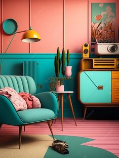 a living room with pink walls and blue furniture