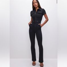 Good American Fit For Success Black Point Collar Straighr Leg Denim Jumpsuit Nwt Rare Size 1 Double Breast Pockets Hidden Zip Front Closure Pant Pockets Both Sides Flightsuit Please Note That It Is Your Responsibility If You Have Any Questions! This Is Brand New With Tags And Retails For $200. Could Also Do A Bundle Or Mystery Box! Fitted High Waist Denim Utility Jumpsuit, Fitted High Waist Denim Jumpsuit In Utility Style, Fitted High-waist Denim Utility Jumpsuit, High Waist Fitted Utility Jumpsuits And Rompers, Fitted High Waist Utility Jumpsuits And Rompers, Fitted Overall Pants For Fall, Fitted Fall Overalls Pants, Fitted Overalls For Fall, Fitted Utility Jean Overalls