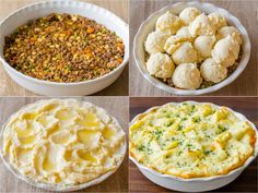 four different types of food in bowls on a wooden table, including mashed potatoes and meatballs