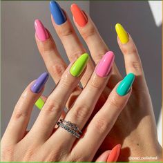 Be bold. Be bright. Be carefree. 12 unfiltered brights and pastels in Nail Lacquer, Infinite Shine, GelColor and a select few in Powder Perfection are ready for beach days and steamy nights. From crèmes to shimmers and pearls, we’ve got mani moods for everywhere this summer might take you. OPI display not incuded. Multicolored Nails, Witch Nails, Fun Nail Colors, Summer Nail Designs, Bright Summer Nails, Short Nails Art, Cute Summer Nails, Vacation Nails, Rainbow Nails