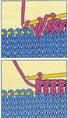 two pictures showing how to weave the ends of a crochet basket with pink and blue yarn