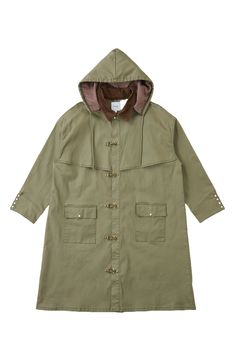 Inspired by hunting jackets from the '80s, this longline coat features antiqued fireman clasps at the placket and pearlescent snaps at the sleeves and pockets. Point collar; drawstring hood Four-snap cuffs Storm flap Water-resistant 92% cotton, 4% polyester, 4% other fibers Machine wash, tumble dry Imported Khaki Outdoor Outerwear With Buttons, Utility Hooded Outerwear With Buttons, Vintage Hooded Hunting Outerwear, Vintage Hooded Outerwear For Hunting, Hooded Raincoat With Button Closure For Fall, Outdoor Long Coat With Button Closure, Utility Fall Parka With Storm Flap, Fall Utility Parka With Storm Flap, Utility Parka With Storm Flap For Fall