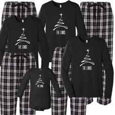 Outfit the whole family young and old. Nothing says Christmas matching family pajamas...say cheese! This festive Christmas Tree flannel set comes with a luxe 100% cotton jammie t-shirt in black with matching black plaid flannel pajama bottoms. Put the kids to bed in their Christmas pjs and let them rip open those packages Christmas morning. Your options are endless. This cozy pajama set is so comfortable it will be your go to uniform all winter break long. Set includes a black long sleeve t-shir Black And White Christmas Pajamas, Christmas Family Shirts Ideas Vinyl, Matching Family Pajamas Christmas, Christmas Family Pajamas Ideas, Family Pajamas Christmas Photo Ideas, Pjs Matching, Personalized Christmas Pajamas, Regalos Ideas, Cute Christmas Ideas