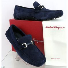 Salamanca Navy Suede Gancini Bit Moccasin Driving Loafers By Salvatore Ferragamo Made In Italy 100% Authentic, Guaranteed! Size: Us 8.5 Ee Color: Blu Garcon (Print On The Box) Suede Upper Leather And Silver Tone Metal Gancini Bit At Front Squared Moc Toe Leather Lined Logo Stamped Removable Leather Insole Rubber Sole With Signature Logo Note !!! These Shoes Came From Ferragamo Brand Name Store In Its Original Box. They Are New But They Are In-Store Item And It’s Possible That Somebody Tried Them Elegant Blue Slip-on Moccasins, Navy Suede Loafers For Formal Occasions, Formal Blue Moccasins With Suede Lining, Blue Moc Toe Moccasins For Formal Occasions, Designer Slip-on Moccasins With Suede Lining, Designer Formal Moccasins With Suede Lining, Elegant Blue Moc Toe Loafers, Elegant Blue Moccasins With Leather Sole, Blue Slip-on Boat Shoes For Formal Wear