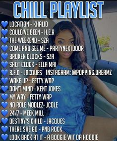 a woman sitting in the back seat of a car next to a sign that says chill playlist