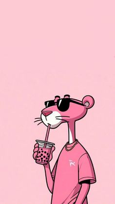 a pink cartoon character holding a drink in her right hand and wearing sunglasses on top of it