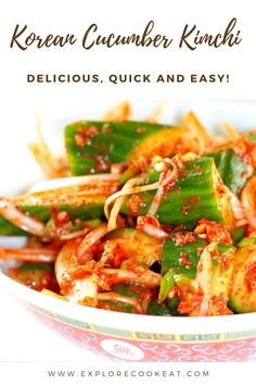 korean cucumber kimchi with delicious, quick and easy toppings in a bowl