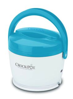 a blue and white crock pot with handle