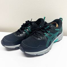 Asics Women's Gel-Venture 8 Running Shoes Black & Teal New With Tags, No Box. Ships Same Or Next Day. Asics Waterproof Trail Running Shoes For Outdoor, Asics Hiking Sneakers With Gel Cushioning, Asics Low-top Walking Shoes For Hiking, Asics Functional Walking Shoes For Hiking, Asics Trail Running Shoes With Cushioned Footbed For Hiking, Functional Asics Walking Shoes For Hiking, Sporty Asics Walking Shoes For Hiking, Asics Waterproof Running Shoes For Outdoor, Asics Hiking Sneakers With Cushioned Footbed