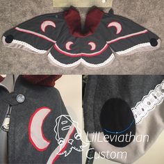 two images show the inside of a jacket with an appliqued butterfly on it