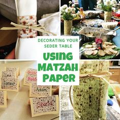 a collage of photos with text and images about using matzah paper to decorate your seder table