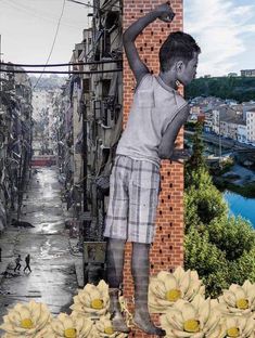 an altered photograph of a young boy standing on a ledge with bananas in front of him