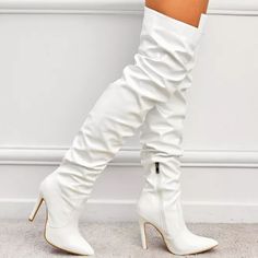 For all your sudden meetup plans, these boots are here to slay. These daring above-the-knee boots entice everyone with the classic style featuring a fitted zipper shaft. The slip-on style is further elevated with a pointed toe and slim high heels. Styling Tips:Pair it with a mini dress or skirt to let the shoe stand out. Color: White, Beige, RedMaterial: Patent Leather Heel Type: Thin Heel Heel Height: 11cm Embellishment: None Shaft: StretchyImportedUpdate: This product is in high demand so you Flats Boots, Bota Over, Leather Thigh High Boots, Zippers Fashion, Boots Heel, Super High Heels, Point Shoes, Boots Sneakers, Beige Shoes