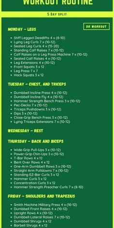 the workout routine is shown in green and yellow, with instructions for how to do it