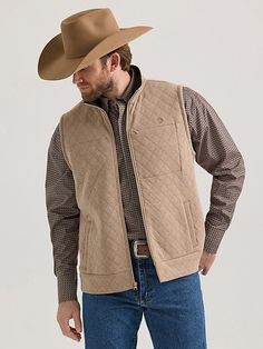 STYLISH ENOUGH FOR ANY OCCASION The elements can't compete with this George Strait knit vest. Providing warmth without the weight, this vest is a tried-and-true staple for the colder months. It comes with angled pockets at the waist as well as a hidden zippered pocket on the left side of the chest. Whether you're headed out or hanging around the ranch, this layering vest will quickly become your go-to for casual style and uncompromising comfort. Fitted Sleeveless Rugged Outerwear, Rugged Fall Vest Outerwear, Sleeveless Western Outerwear For Fall, Sleeveless Western Winter Outerwear, Western Casual Outfits, Tan Vest, Vest Layering, Destructed Jeans, Cowboy Outfits