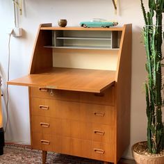 a wooden desk with drawers and a cactus in a pot on the floor next to it