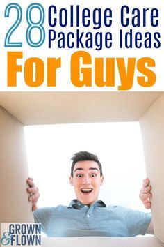 a man in a box with the words 28 college care package ideas for guys on it