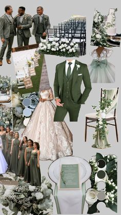 a collage of green and white wedding colors, including tuxedos, bridesmaids, groomsmid suits