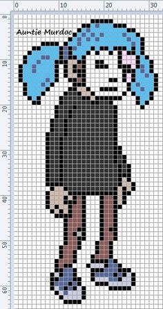 a cross stitch pattern with an image of a person wearing a hat and holding a blue umbrella