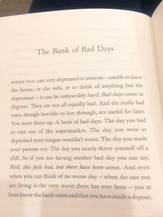 an open book with the words bank of bad days written in cursive writing