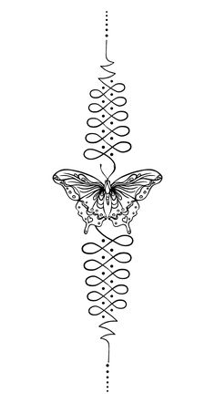 a black and white drawing of a butterfly on top of a spiral design with two wings