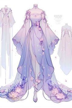 Oc Dress Ideas, Dress Outfits Drawing, Fantasy Dresses Drawing, Fantasy Dress Design Art, Purple Aesthetic Dress, Purple Dress Drawing, Flowy Dress Drawing, Skirts Reference, Bearded Woman