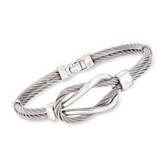 ALOR Men's Gray Stainless Steel Cable Knot Bracelet. 8". ALOR recognizes the modern man's need for versatile style options. This gray stainless steel cable cuff bracelet links at the center with glossy stainless steel for a classic design. Crafted in textured and polished finishes. Lobster clasp, ALOR men's cable bracelet. Pearl Jewelry Shop, Industrial Jewelry, Cable Bracelets, Pearl Shop, Stainless Steel Cable, Fine Jewelery, Knot Bracelet, Metal Shop, Fine Jewelry Bracelets